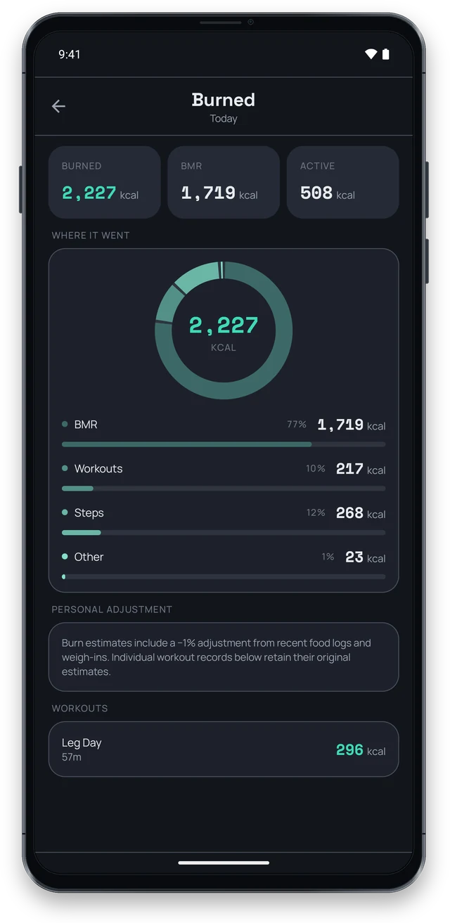 Calories burned split into resting, workouts, steps and other