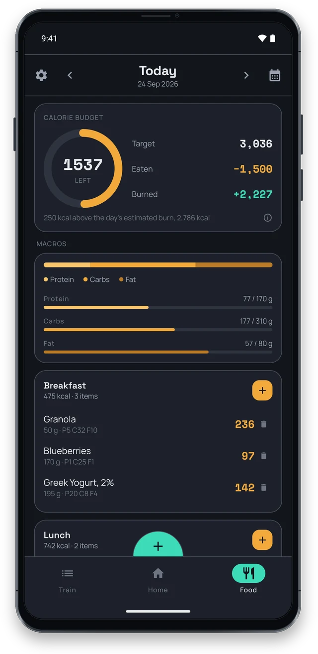 Food diary with calorie ring, macro bars and breakfast entries